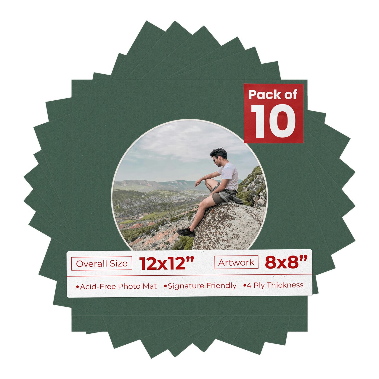 Hunter Green Mat Board for 12x12 Frames - Circle Opening for 8x8 Photos